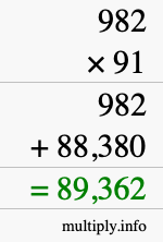 How to calculate 982 times 91 using long multiplication