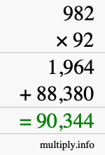 How to calculate 982 times 92 using long multiplication