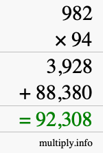 How to calculate 982 times 94 using long multiplication