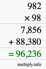 How to calculate 982 times 98 using long multiplication