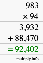 How to calculate 983 times 94 using long multiplication