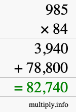 How to calculate 985 times 84 using long multiplication