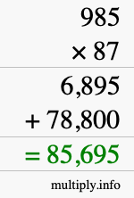 How to calculate 985 times 87 using long multiplication