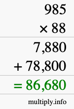 How to calculate 985 times 88 using long multiplication