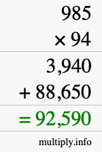 How to calculate 985 times 94 using long multiplication
