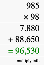How to calculate 985 times 98 using long multiplication