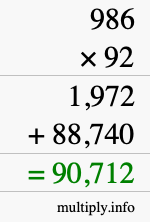 How to calculate 986 times 92 using long multiplication