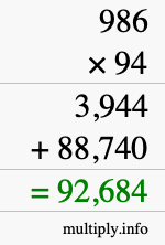 How to calculate 986 times 94 using long multiplication