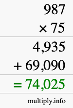 How to calculate 987 times 75 using long multiplication