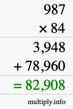 How to calculate 987 times 84 using long multiplication