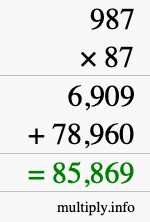 How to calculate 987 times 87 using long multiplication