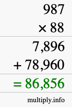 How to calculate 987 times 88 using long multiplication