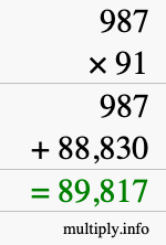 How to calculate 987 times 91 using long multiplication