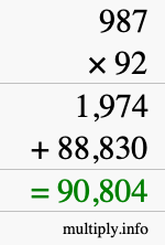 How to calculate 987 times 92 using long multiplication