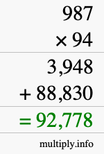 How to calculate 987 times 94 using long multiplication
