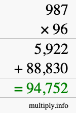 How to calculate 987 times 96 using long multiplication