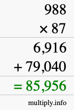 How to calculate 988 times 87 using long multiplication