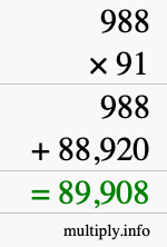 How to calculate 988 times 91 using long multiplication