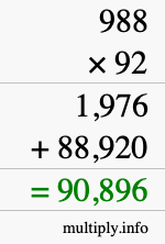 How to calculate 988 times 92 using long multiplication