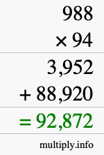 How to calculate 988 times 94 using long multiplication