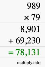 How to calculate 989 times 79 using long multiplication