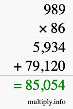 How to calculate 989 times 86 using long multiplication