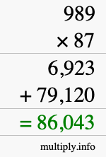How to calculate 989 times 87 using long multiplication