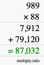 How to calculate 989 times 88 using long multiplication