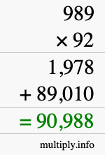 How to calculate 989 times 92 using long multiplication