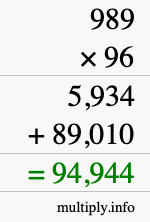 How to calculate 989 times 96 using long multiplication