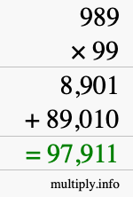 How to calculate 989 times 99 using long multiplication