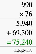 How to calculate 990 times 76 using long multiplication