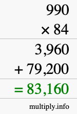 How to calculate 990 times 84 using long multiplication