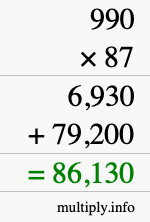 How to calculate 990 times 87 using long multiplication