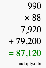 How to calculate 990 times 88 using long multiplication