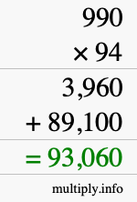 How to calculate 990 times 94 using long multiplication