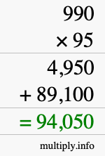How to calculate 990 times 95 using long multiplication