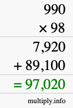 How to calculate 990 times 98 using long multiplication How to calculate 990 times 98 using long multiplication