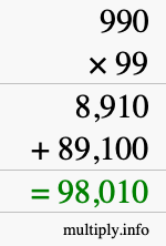 How to calculate 990 times 99 using long multiplication