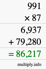 How to calculate 991 times 87 using long multiplication