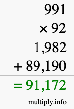 How to calculate 991 times 92 using long multiplication