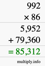 How to calculate 992 times 86 using long multiplication