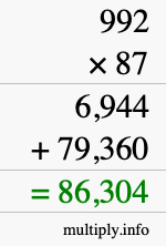 How to calculate 992 times 87 using long multiplication