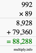 How to calculate 992 times 89 using long multiplication