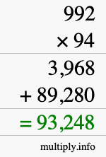 How to calculate 992 times 94 using long multiplication