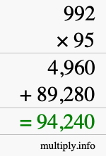 How to calculate 992 times 95 using long multiplication