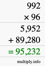 How to calculate 992 times 96 using long multiplication