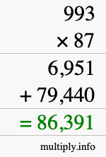 How to calculate 993 times 87 using long multiplication