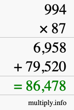 How to calculate 994 times 87 using long multiplication
