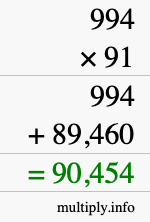 How to calculate 994 times 91 using long multiplication